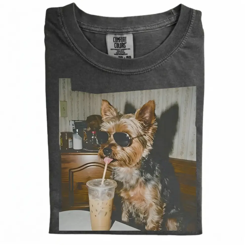 Yorkie Drinking Iced Coffee T-shirt
