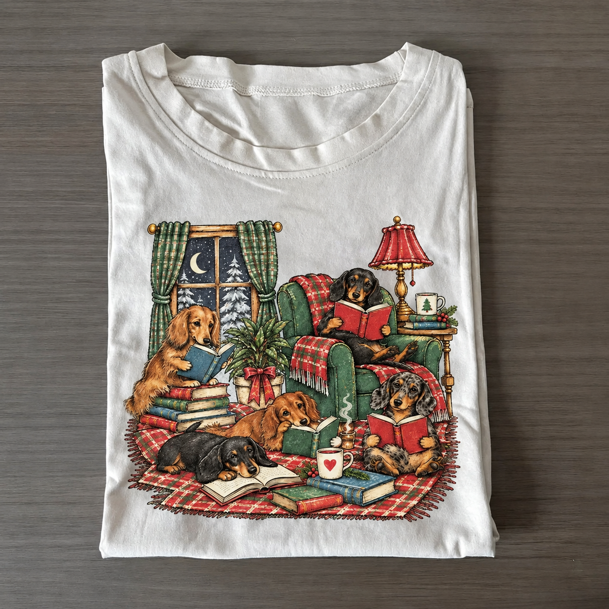 Reading Books Christmas Dachshund Dog T-shirt