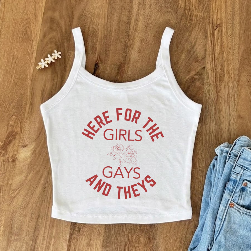 Here for the Girls, Gays, and Theys LGBTQ Ally Crop Tank Top