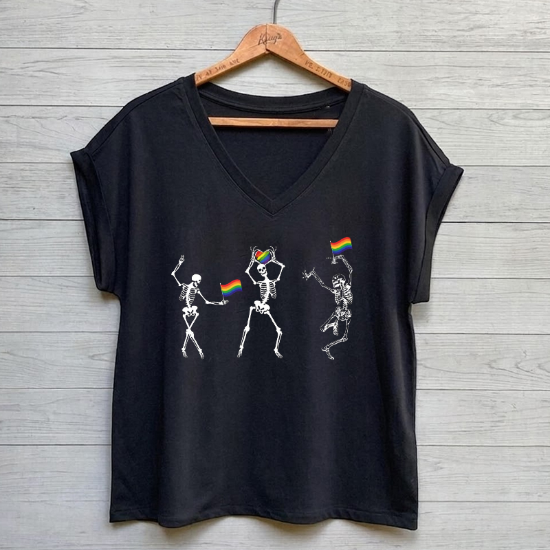 Skeleton Pride Rainbow LGBTQ V-neck Shirt