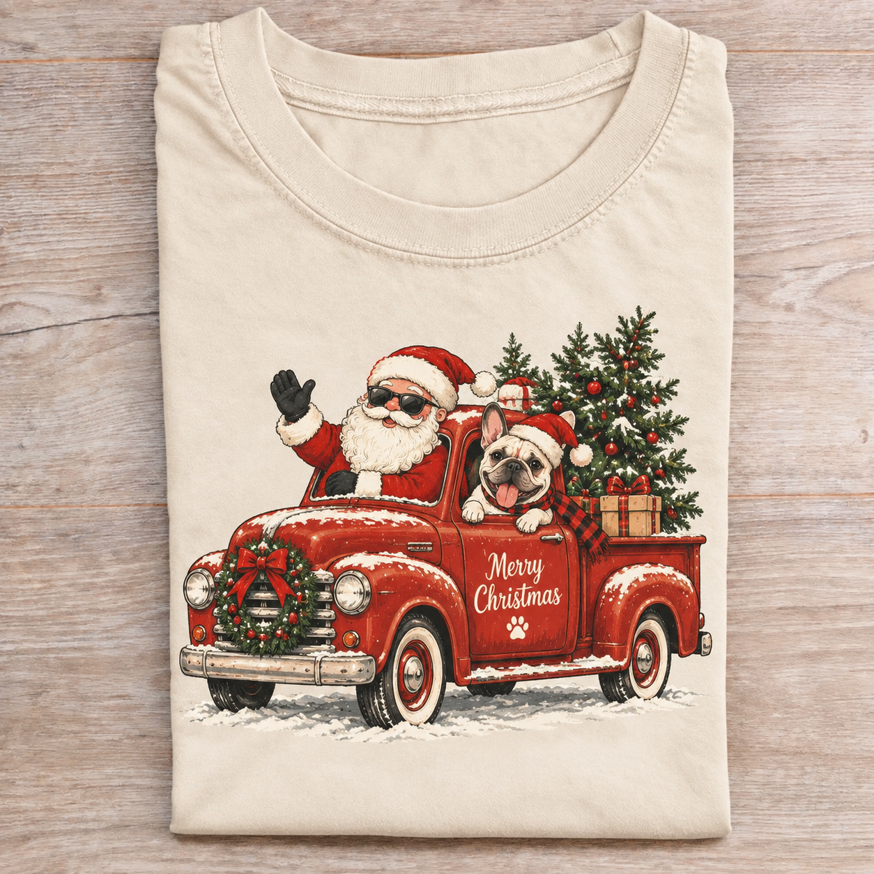 Retro Red Truck Santa French Bulldog Gift Tee