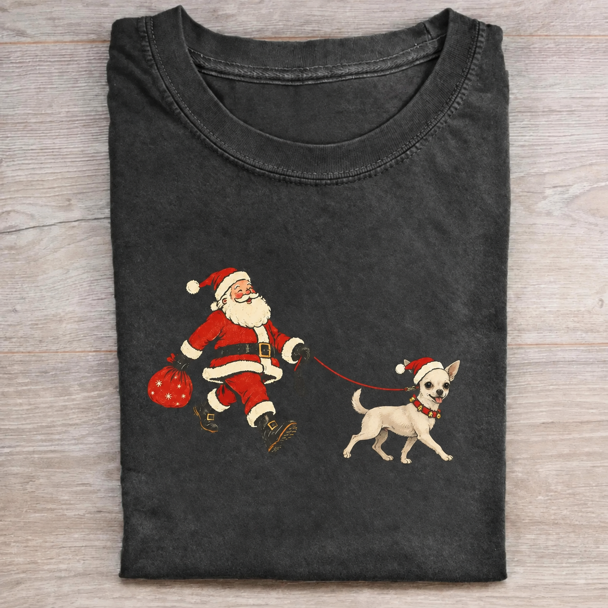 Funny Santa Walking Chihuahua Christmas T-Shirt