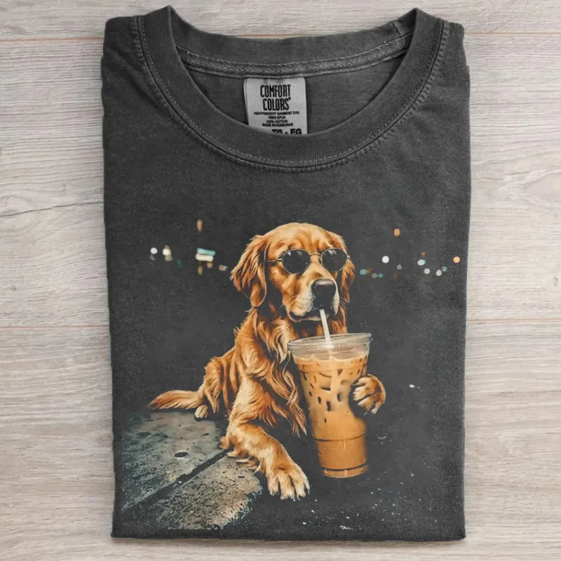 Golden Retriever Dog Drinking Iced Coffee T-shirt