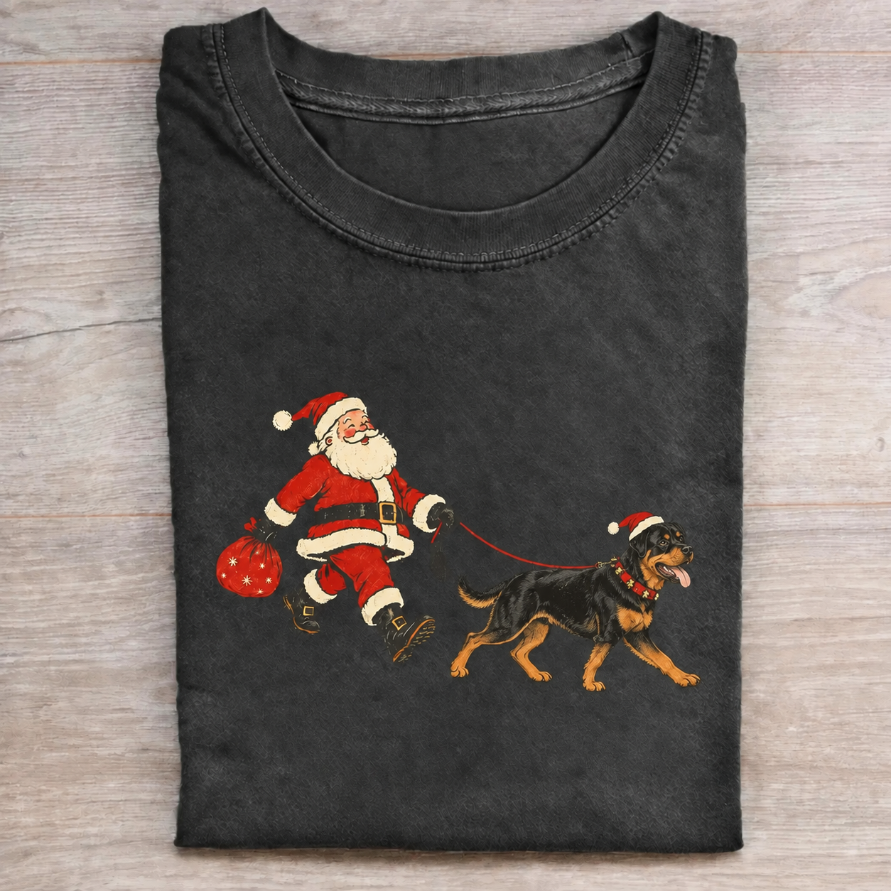 Funny Santa Walking Rottweiler Christmas T-Shirt