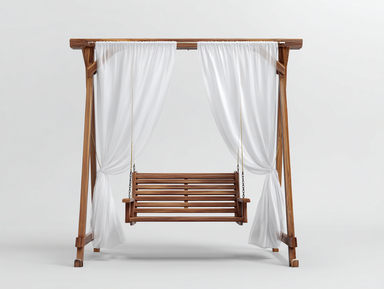 Silla colgante madera con estructura y cortinas 180x120x200 cm - marrón-blanco - diseño clásico para jardín-Sofagetio