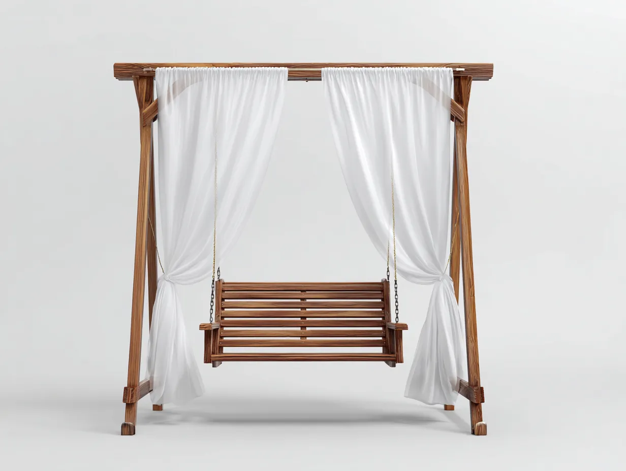 Silla colgante madera con estructura y cortinas 180x120x200 cm - marrón-blanco - diseño clásico para jardín-Sofagetio