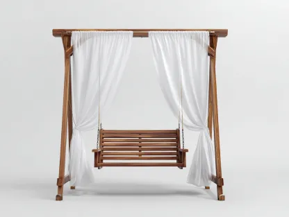 Silla colgante madera con estructura y cortinas 180x120x200 cm - marrón-blanco - diseño clásico para jardín-Sofagetio