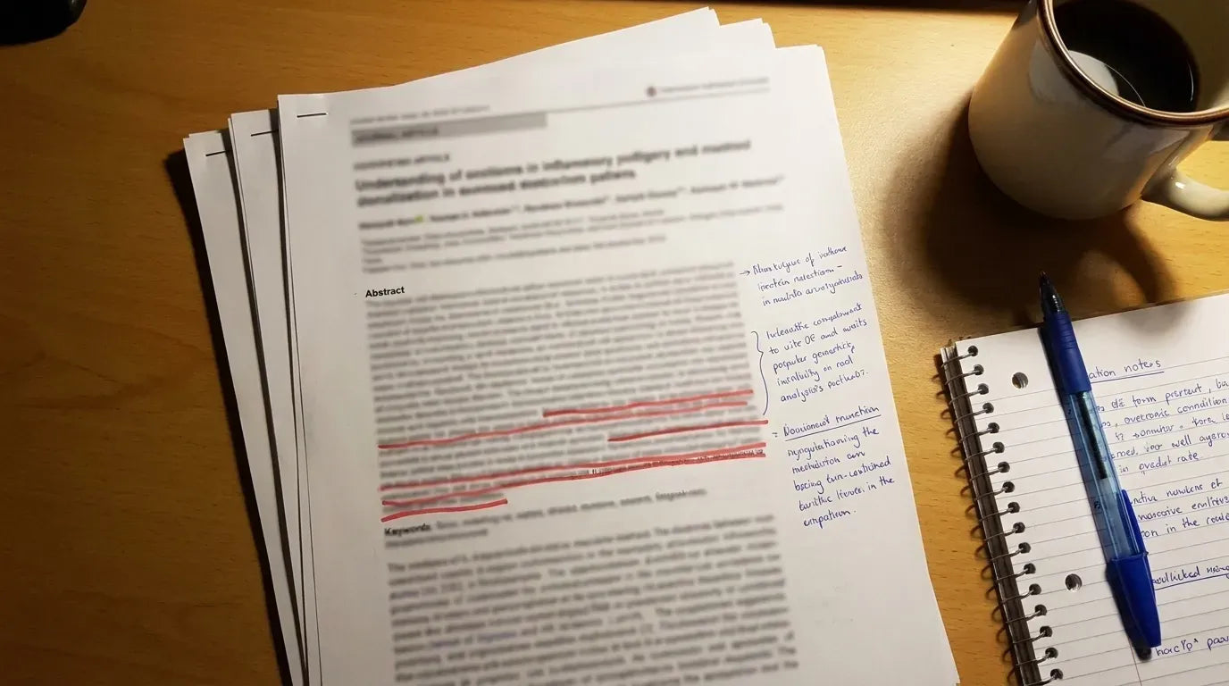 Kiemel&eacute;sekkel teli tanulm&aacute;ny az asztalon, k&aacute;v&eacute;val &eacute;s jegyzetf&uuml;zettel