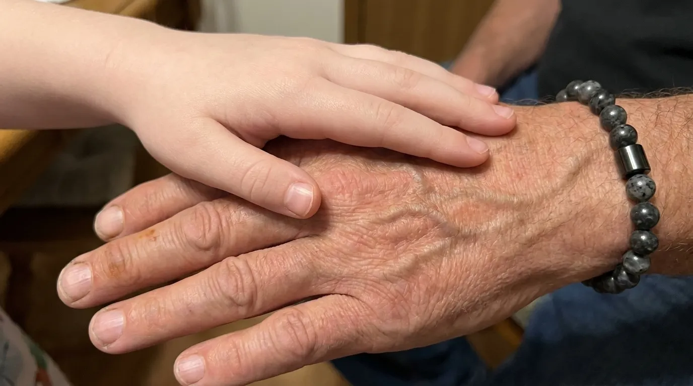 Kisl&aacute;ny keze az &eacute;desapja kez&eacute;n, akinek a csukl&oacute;j&aacute;n a kark&ouml;tő van