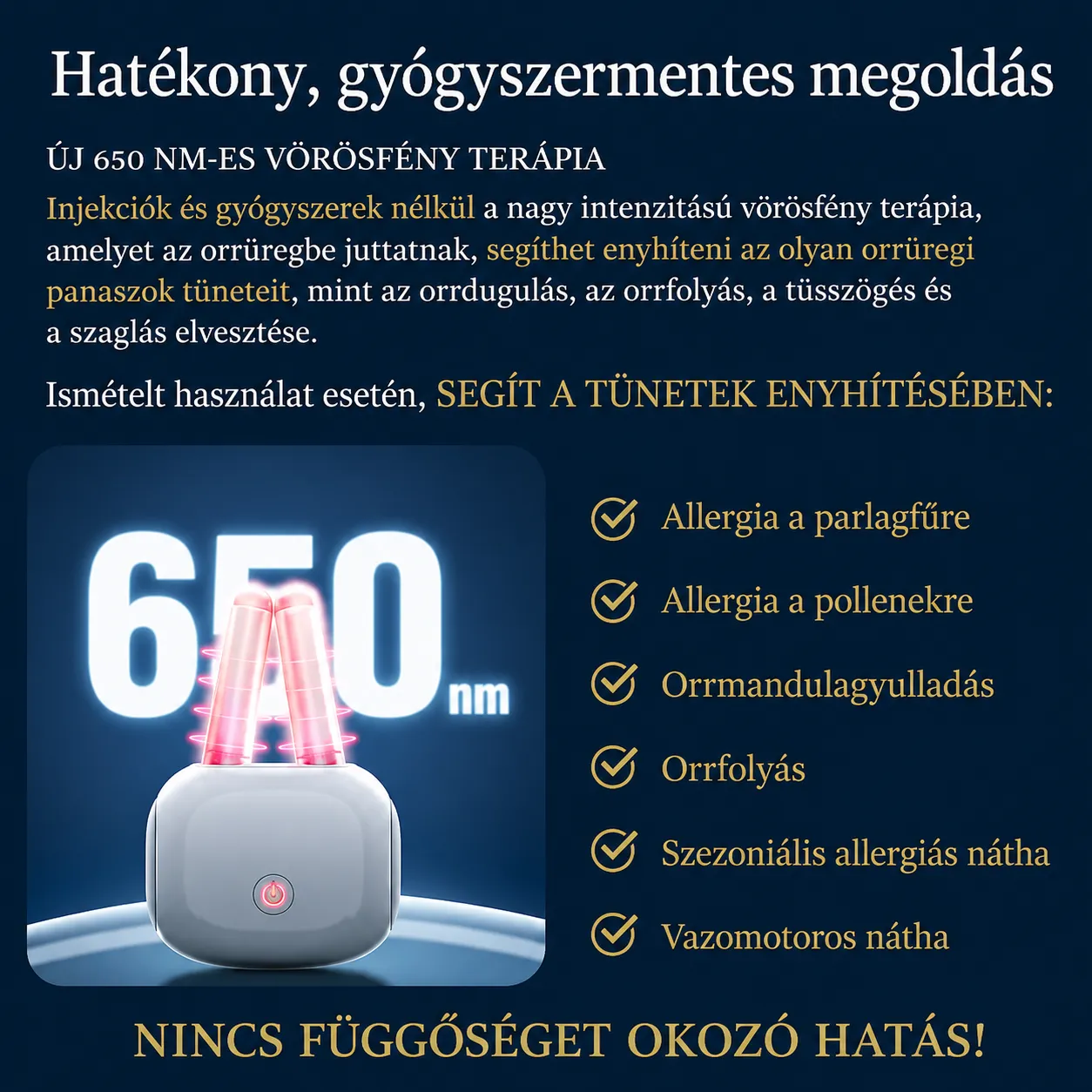 Allergiás nátha elleni készülék, orrlézeres terápia vörös és infravörös fénymasszázzsal, hordozható, újratölthető