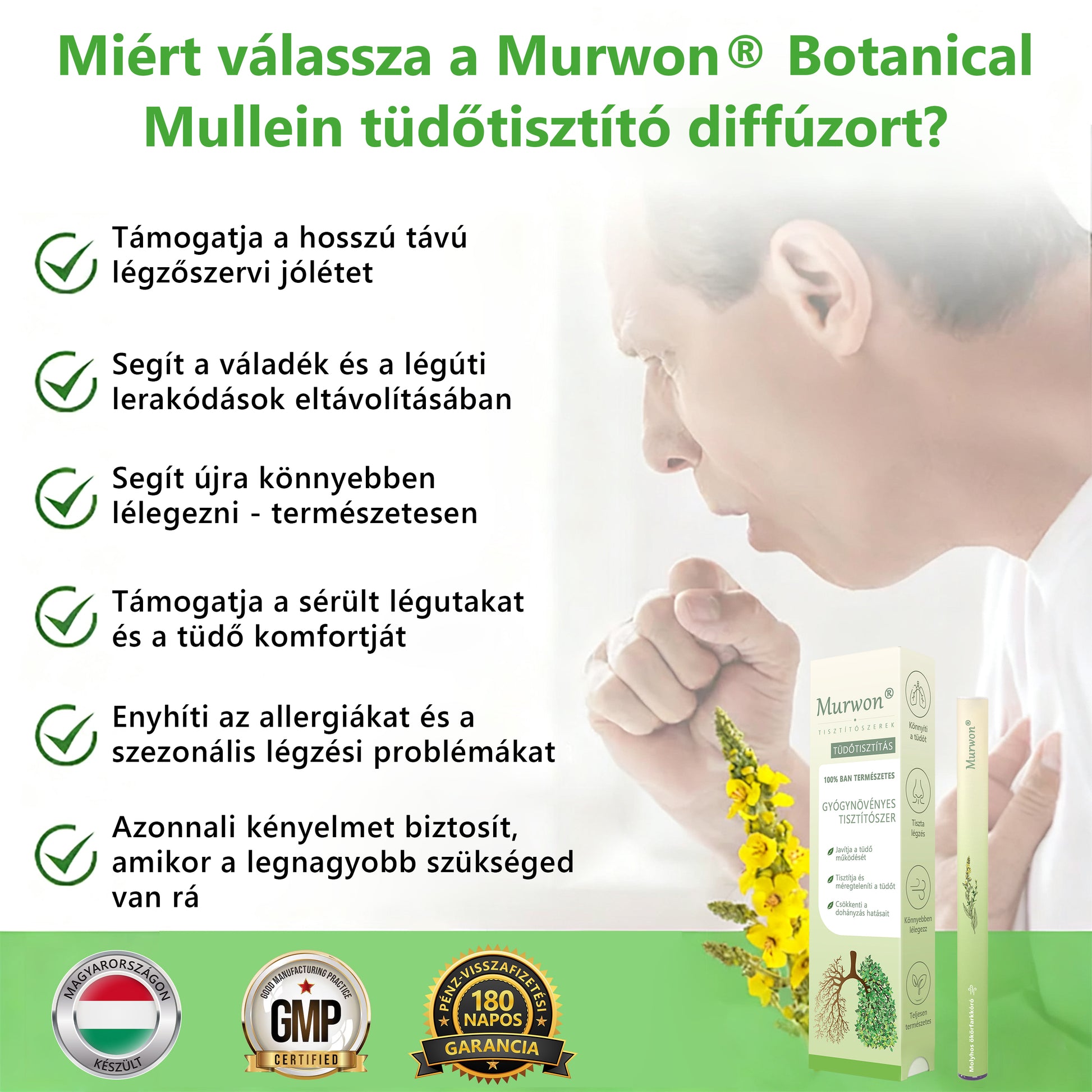 Magyar tulajdonban és üzemeltetésben ✅ Murwon® botanikus ökörfarkkóró (Mullein) tüdőtisztító diffúzor (🫁 köhögés, garatgyulladás, légszomj, köpet, orrdugulás, hörghurut, hörghurut, allergiás tünetek, tüdő diszkomfort) 💚