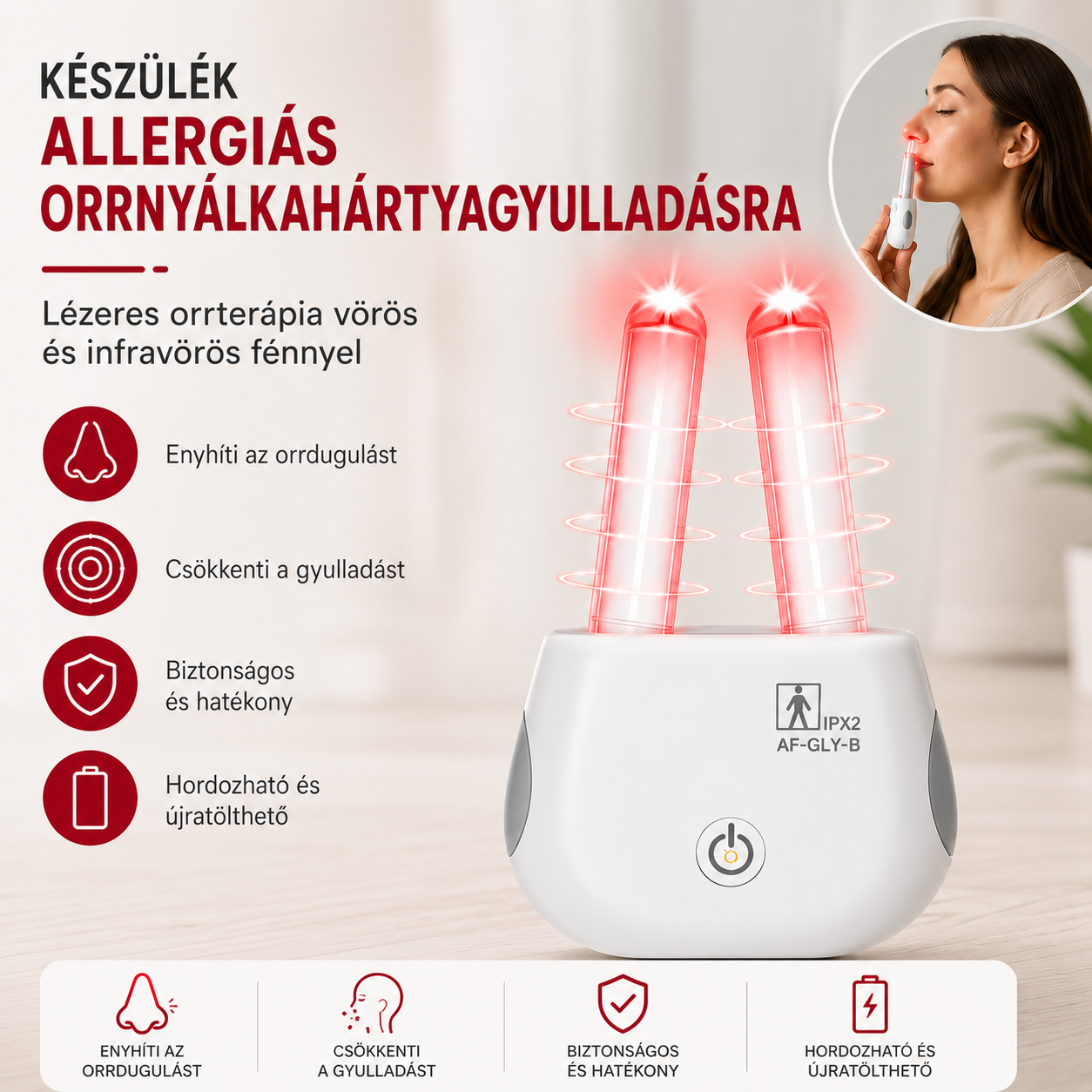 Allergiás nátha elleni készülék, orrlézeres terápia vörös és infravörös fénymasszázzsal, hordozható, újratölthető