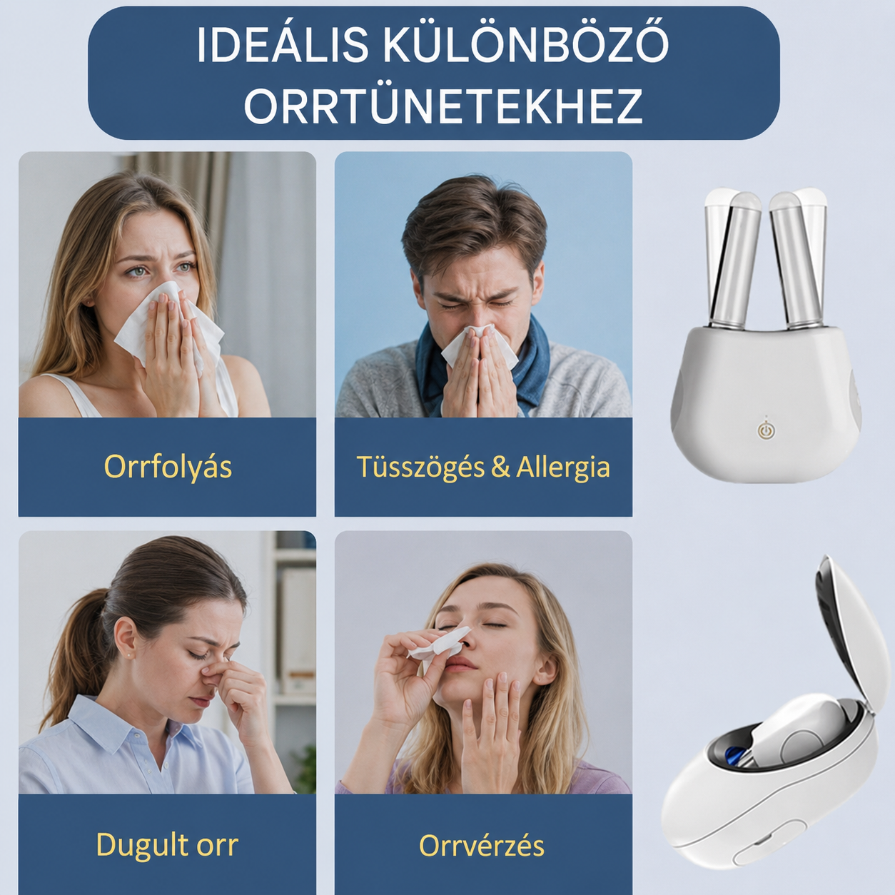 Allergiás nátha elleni készülék, orrlézeres terápia vörös és infravörös fénymasszázzsal, hordozható, újratölthető