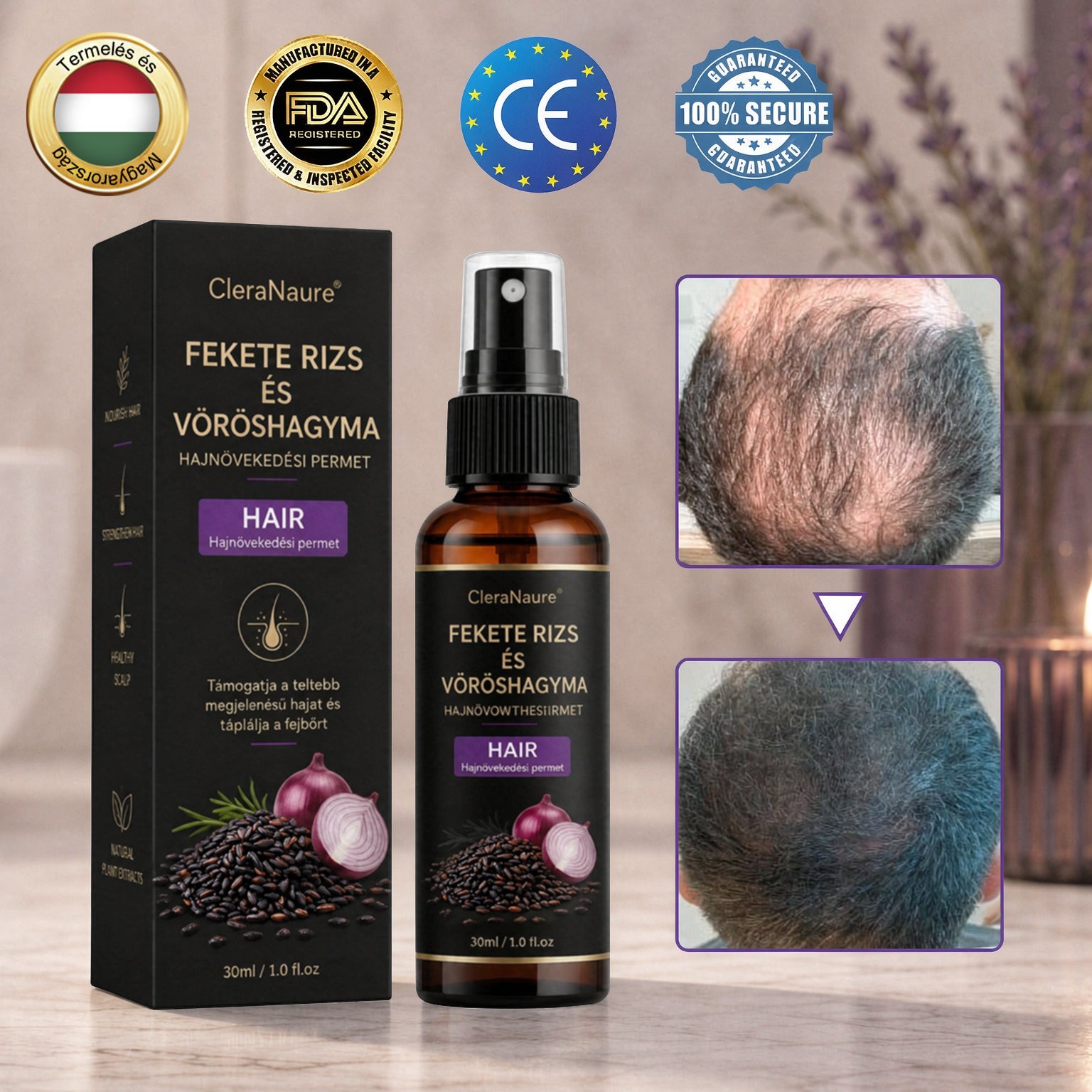 💎CleraNaure® Fekete rizs és vöröshagyma hajnövekedést támogató spray