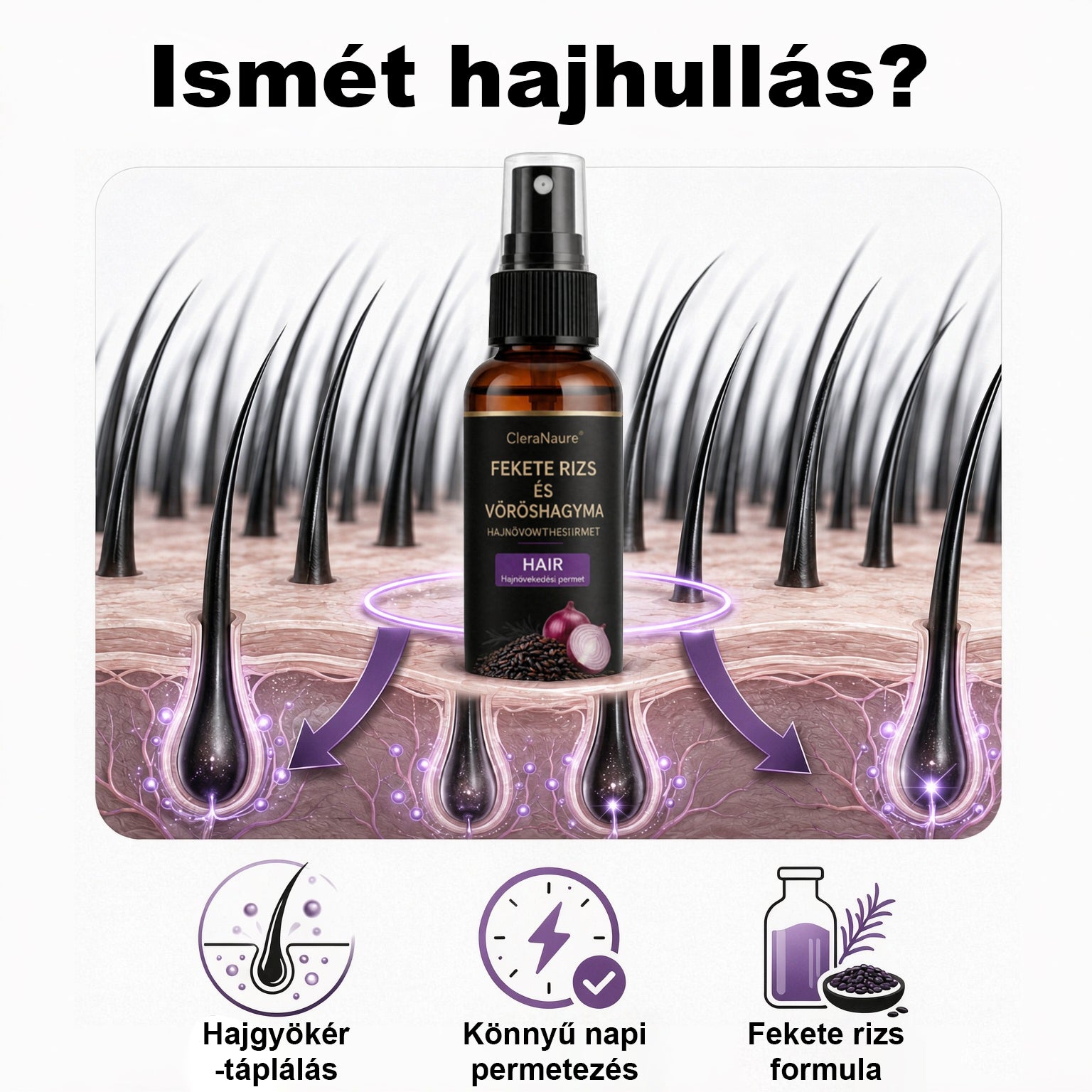 💎CleraNaure® Fekete rizs és vöröshagyma hajnövekedést támogató spray