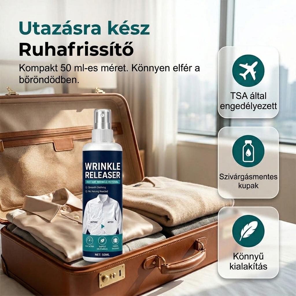 👔✨ Azonnali ránctalanítás – vasalás nélkül, utazáshoz kész, tapadásmentes és friss.