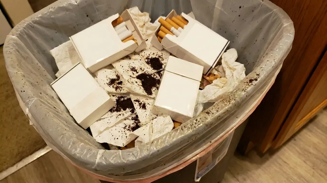 Szemetes cigarett&aacute;sdobozokkal &eacute;s k&aacute;v&eacute;zaccal