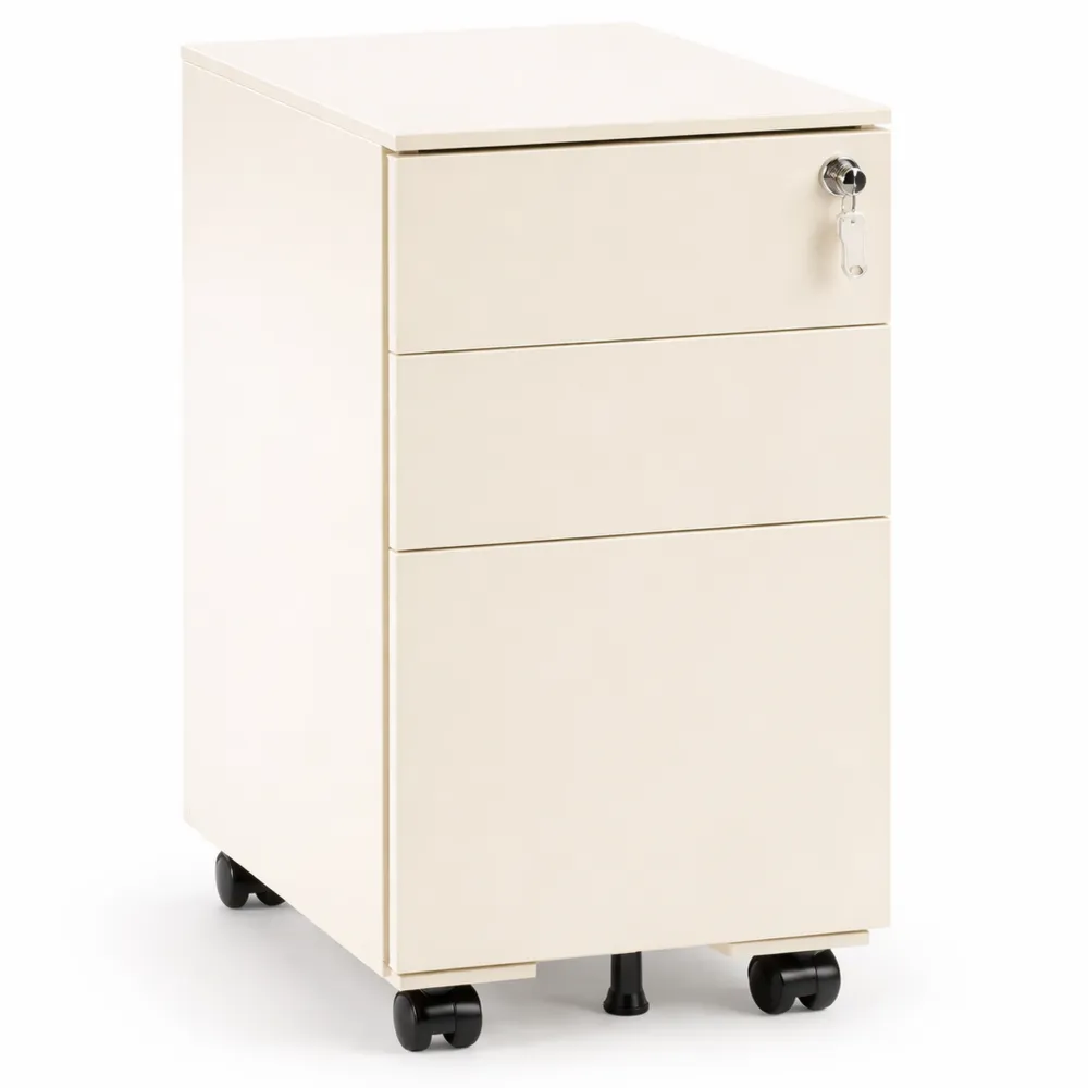 Rollbarer Aktenschrank mit 3 abschließbaren Schubladen in Hellbeige