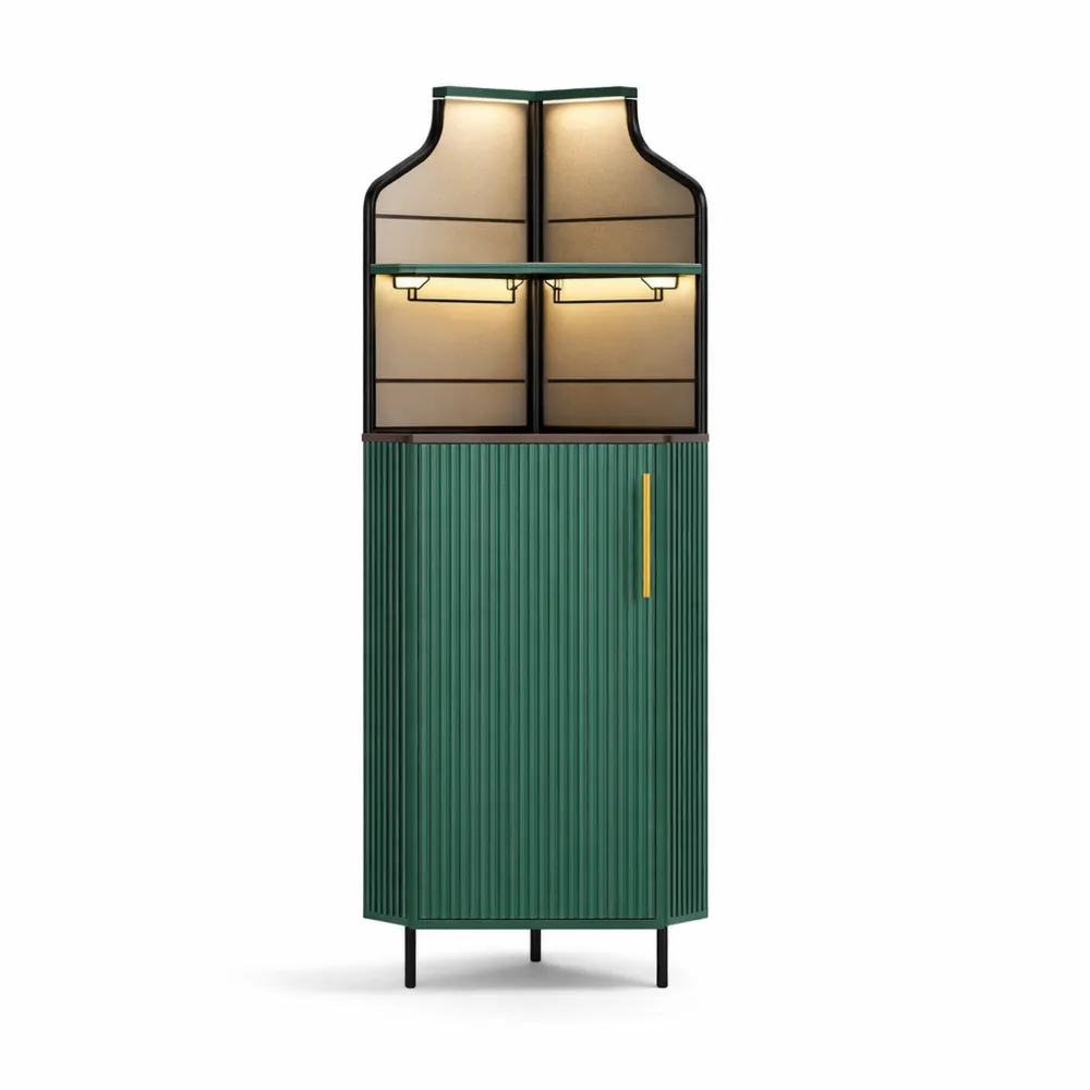 Eleganter Eck-Barschrank mit Weinregal und Glashalter in Grün