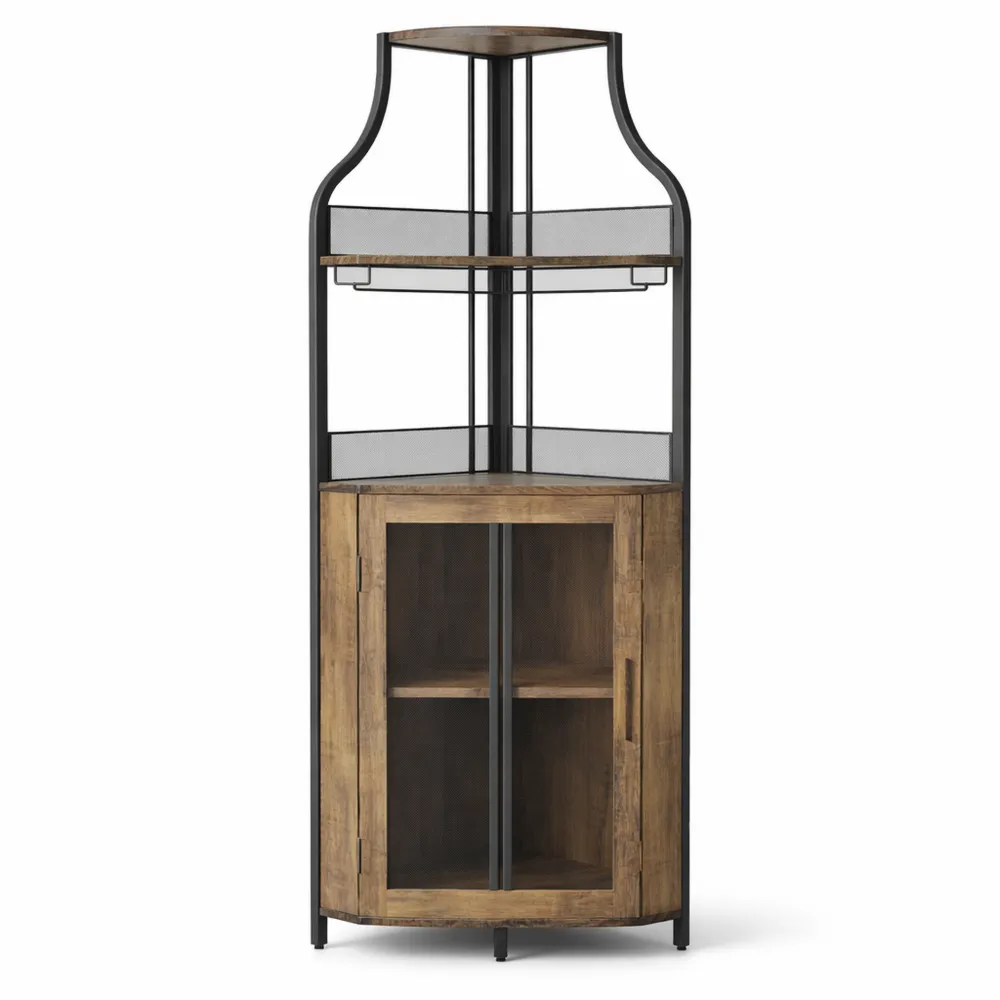 Eck-Weinschrank im Industrial-Stil mit Glashalter und Gittertür, Platzsparend für Wohnzimmer und Küche
