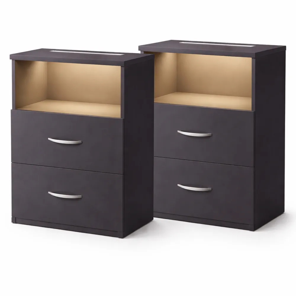 Nachttisch-Set mit LED, Holz, 2 Schubladen, Anthrazit
