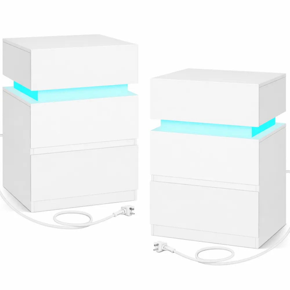 Moderner Nachttisch mit LED, Steckdose, 2 Schubladen und Ablagefach, 40x35x55 cm, weiß