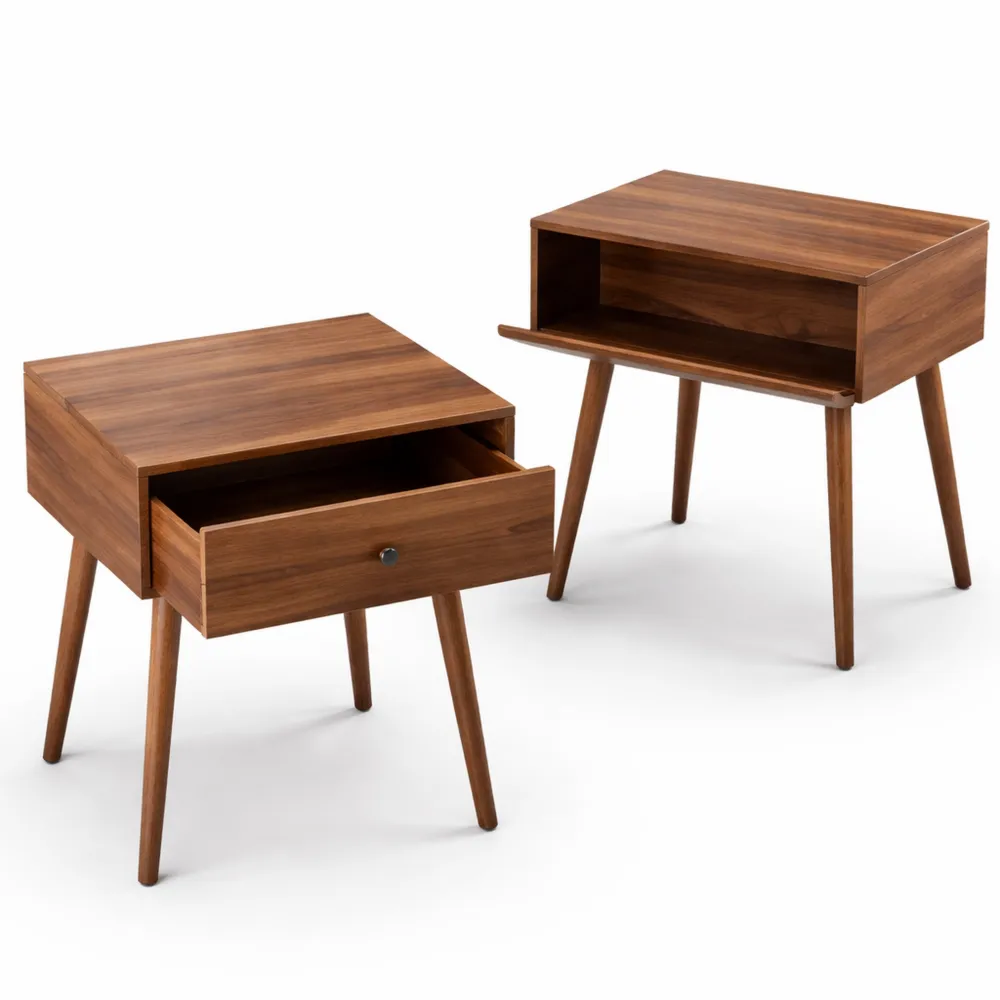 Moderner Beistelltisch mit versteckten Fächern, 2er Set, Holzbeine, für Schlafzimmer und Wohnzimmer, Walnuss