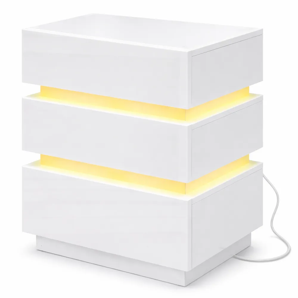 Moderner Nachttisch mit LED und Steckdose, weiß, 3 Schubladen