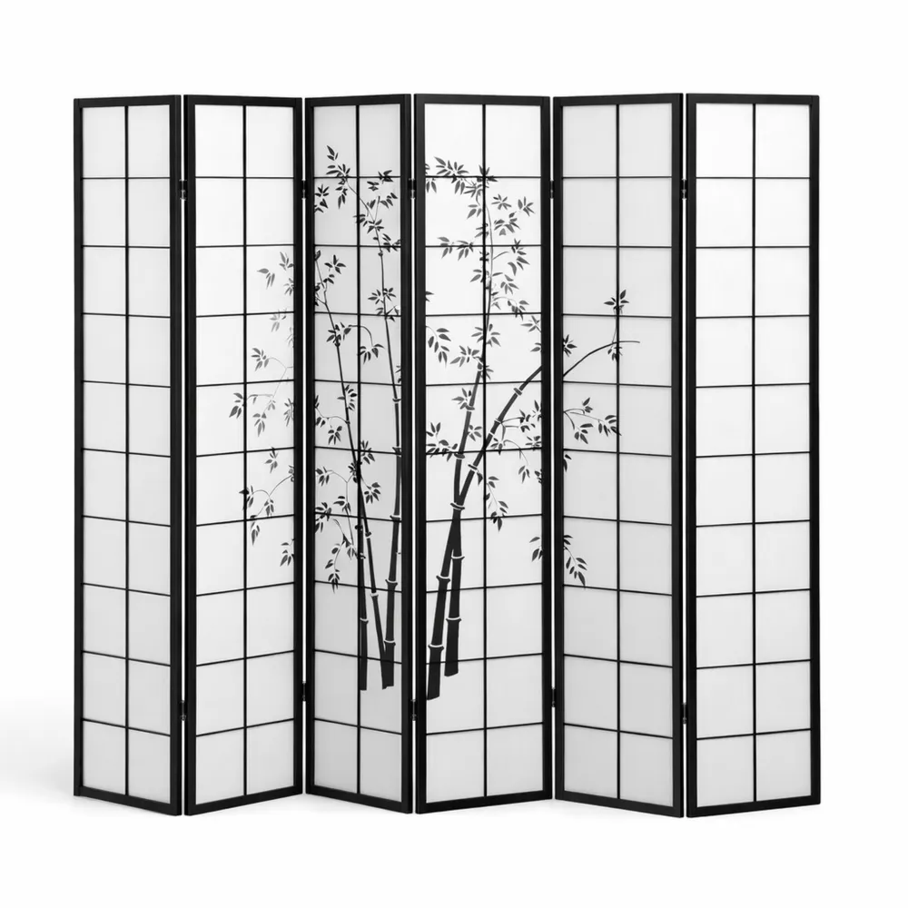 6-teiliger Raumteiler Paravent aus Holz mit Bambusmotiv