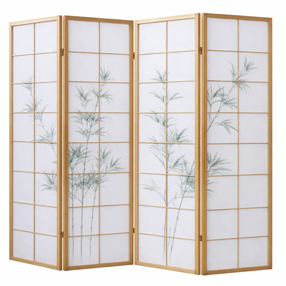 4-teiliger Raumteiler aus Naturholz mit Bambusmotiv