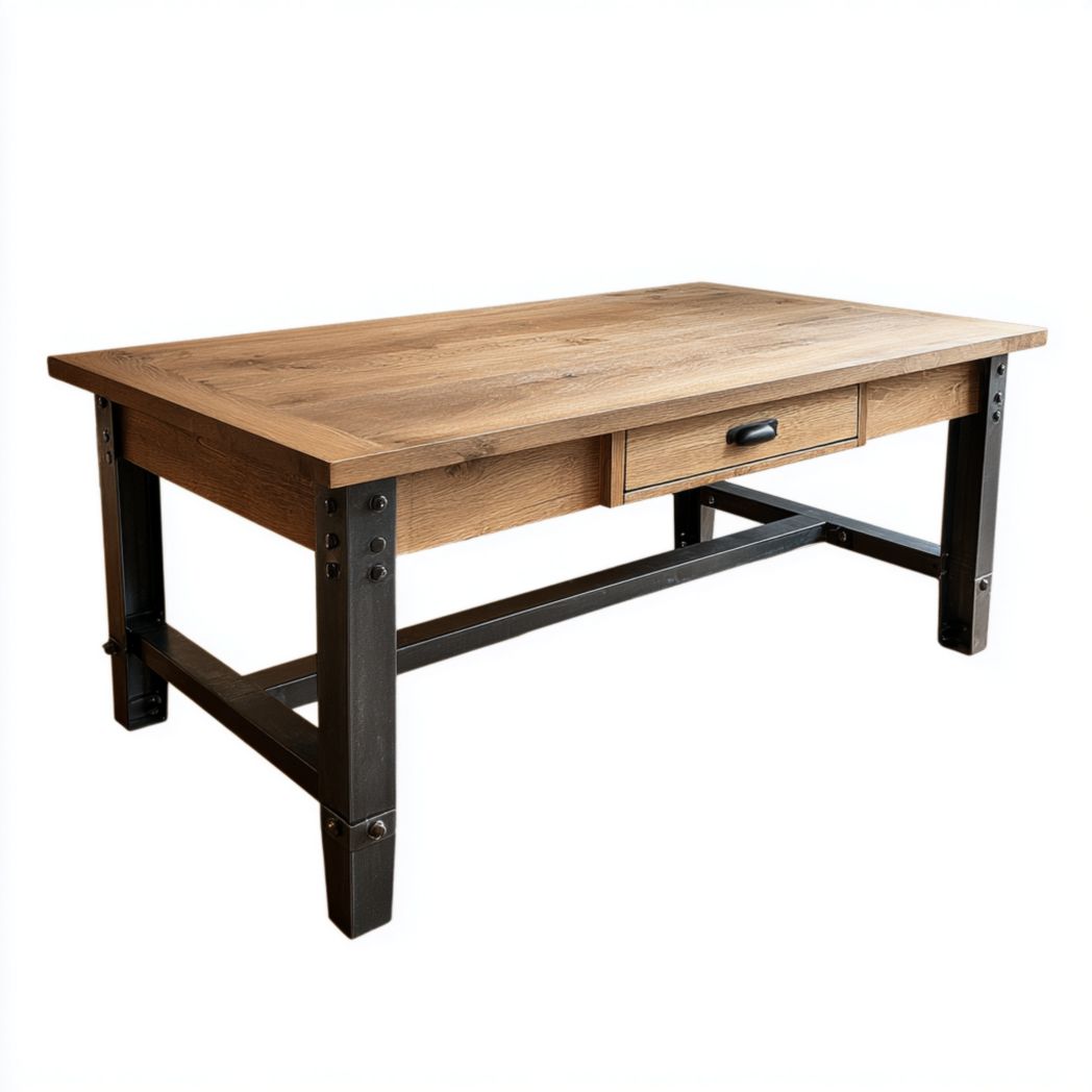 Prostokątne biurko z dębowym blatem i stalowym stelażem, z szufladą, 140x70 cm-Sara Furniture