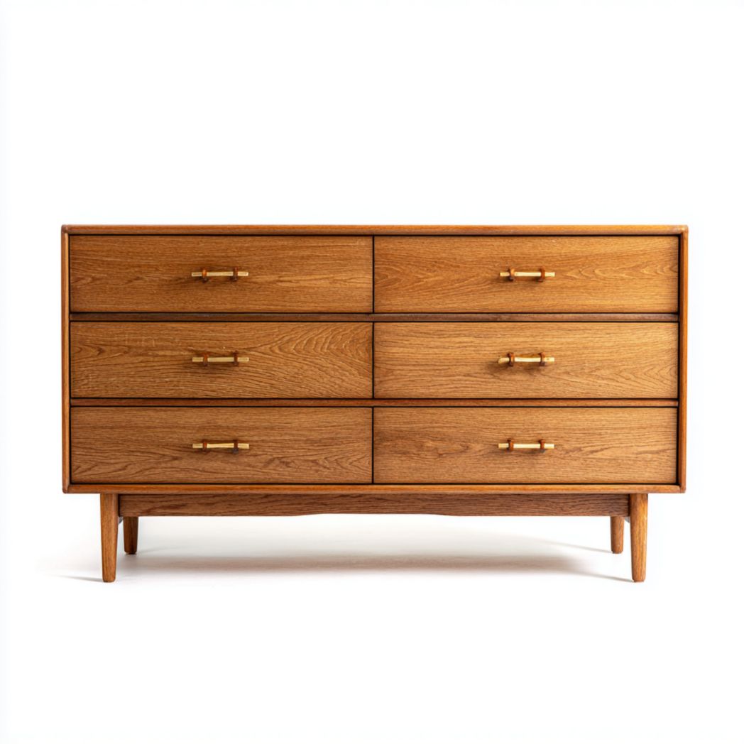 Komoda z 6 szufladami i drewnianymi nóżkami, lite drewno dębowe, brązowa-Sara Furniture