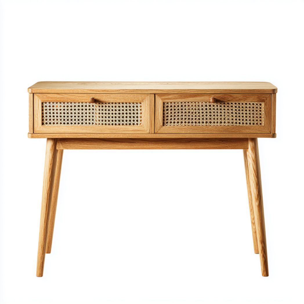 KONSOLA Z LITEGO DREWNA DĘBOWEGO I NATURALNEGO RATTANU-Sara Furniture