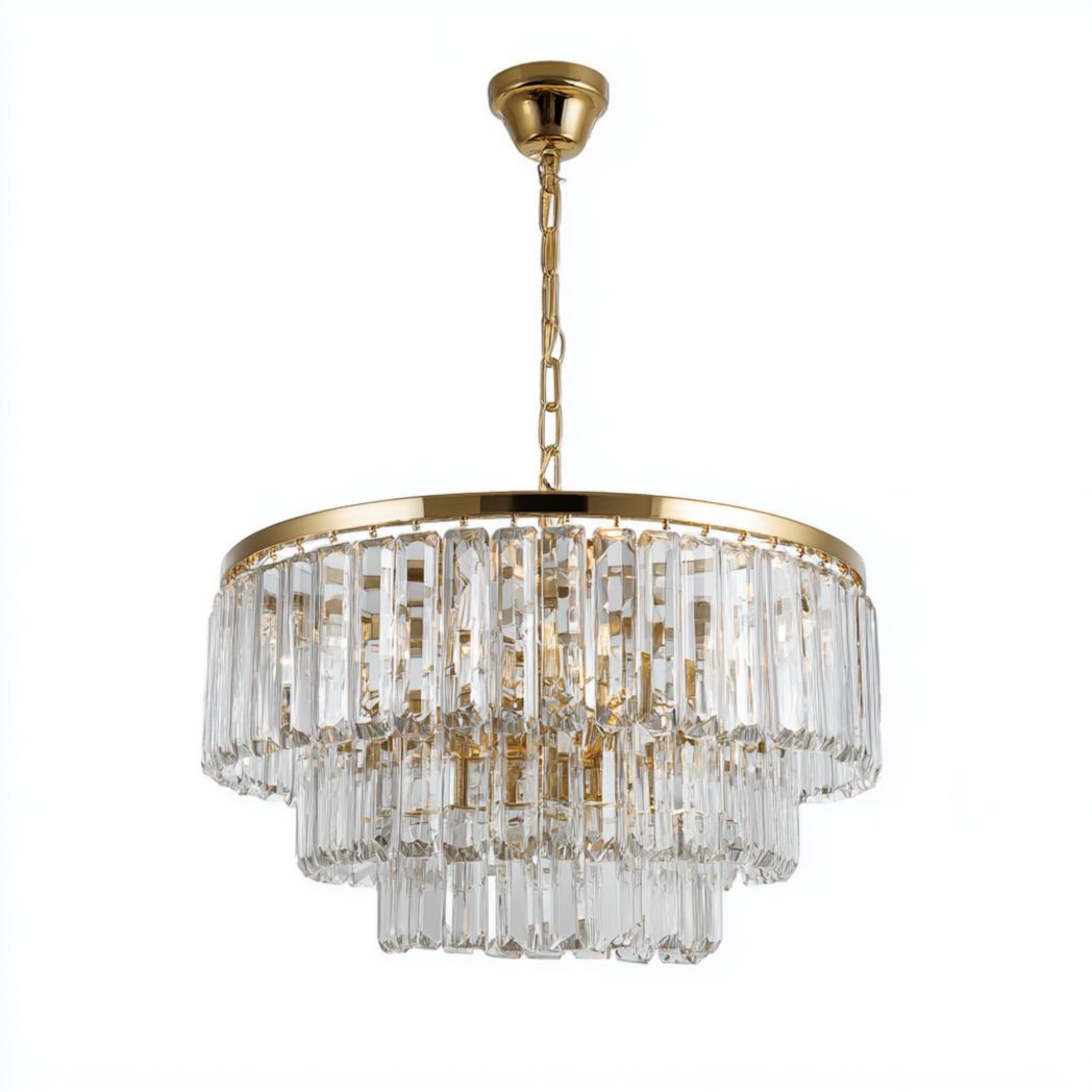 Żyrandol sufitowy złoty, żelazo i podłużne kryształy akrylowe-Sara Furniture