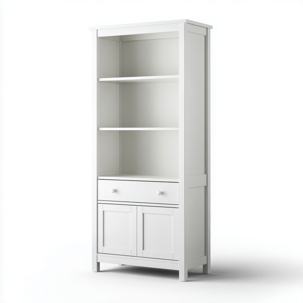 Biały regał z dwiema półkami szufladą i zamykaną szafką dolną-Sara Furniture