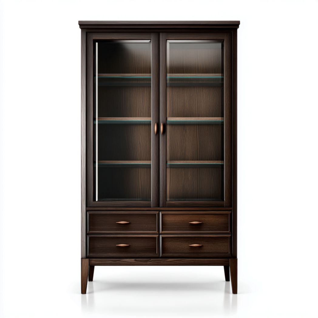 Ciemnobrązowa witryna z przeszklonymi drzwiami i 4 szufladami-Sara Furniture