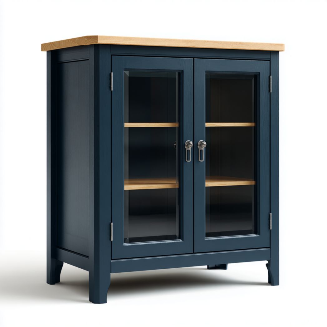 Granatowa szafka z przeszklonymi drzwiami i blatem w kolorze drewna-Sara Furniture