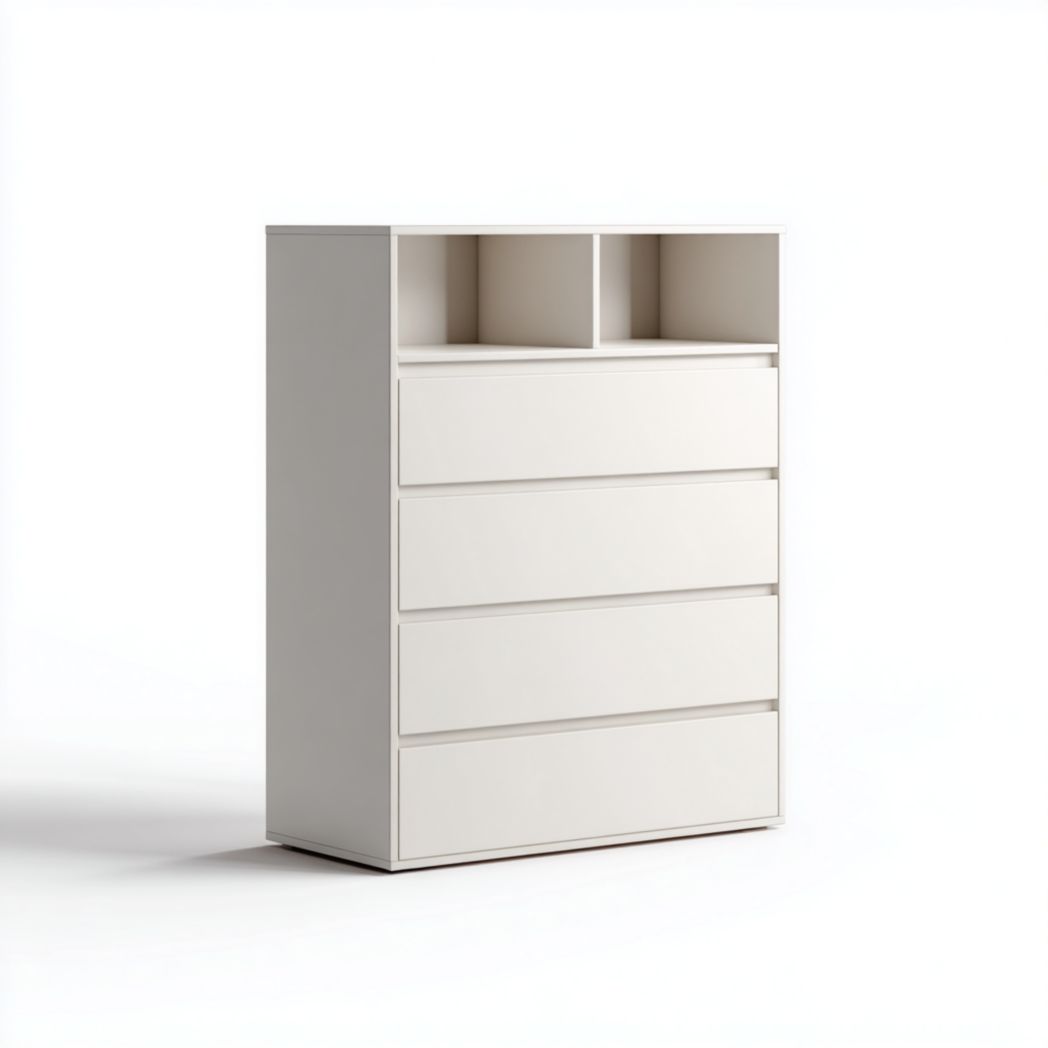 Biała szafka z litego drewna sosnowego z czterema szufladami i otwartymi półkami-Sara Furniture