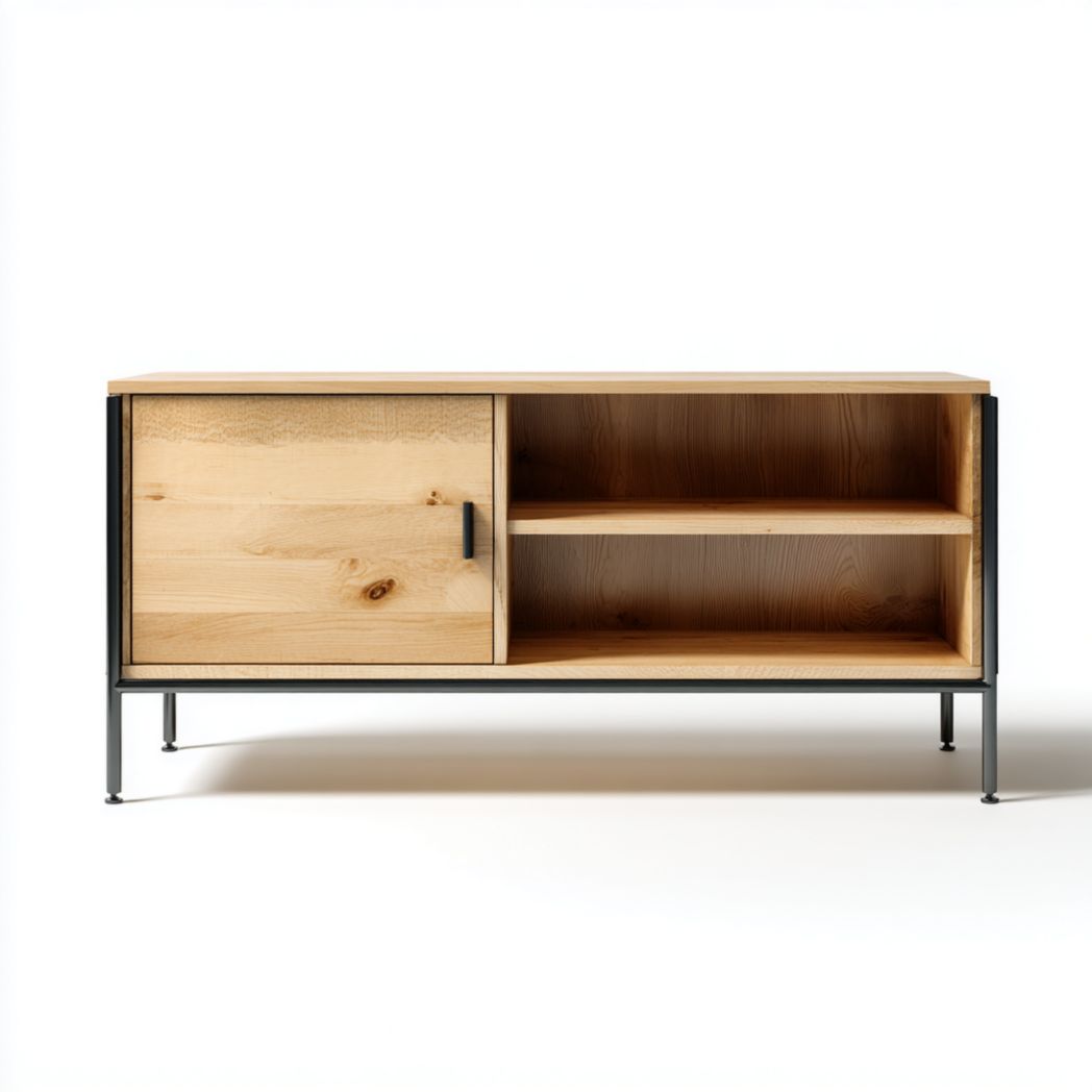 Szafka RTV z drzwiami przesuwnymi i półkami, korpus z drewna sosnowego i rama stalowa-Sara Furniture