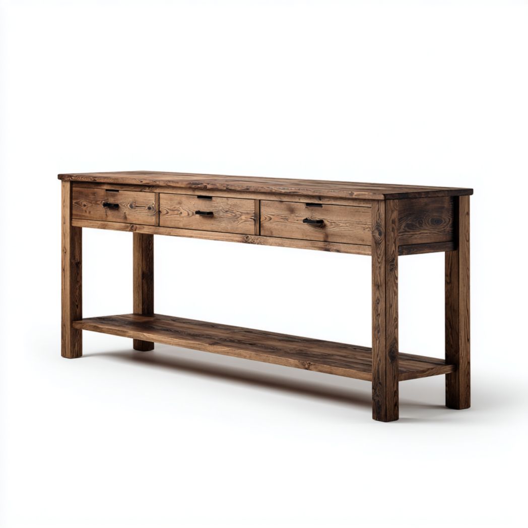 Stolik konsolowy z trzema szufladami i półką dolną, korpus z drewna sosnowego-Sara Furniture