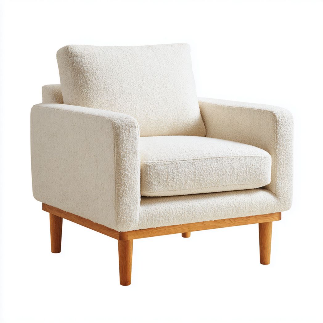 Fotel tapicerowany tkaniną boucle z dębowym stelażem i nogami-Sara Furniture