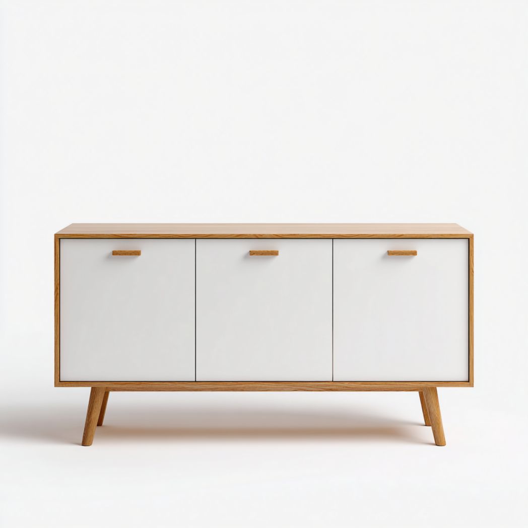 Komoda z 3 drzwiami, korpus biały, nogi i uchwyty z drewna dębowego-Sara Furniture