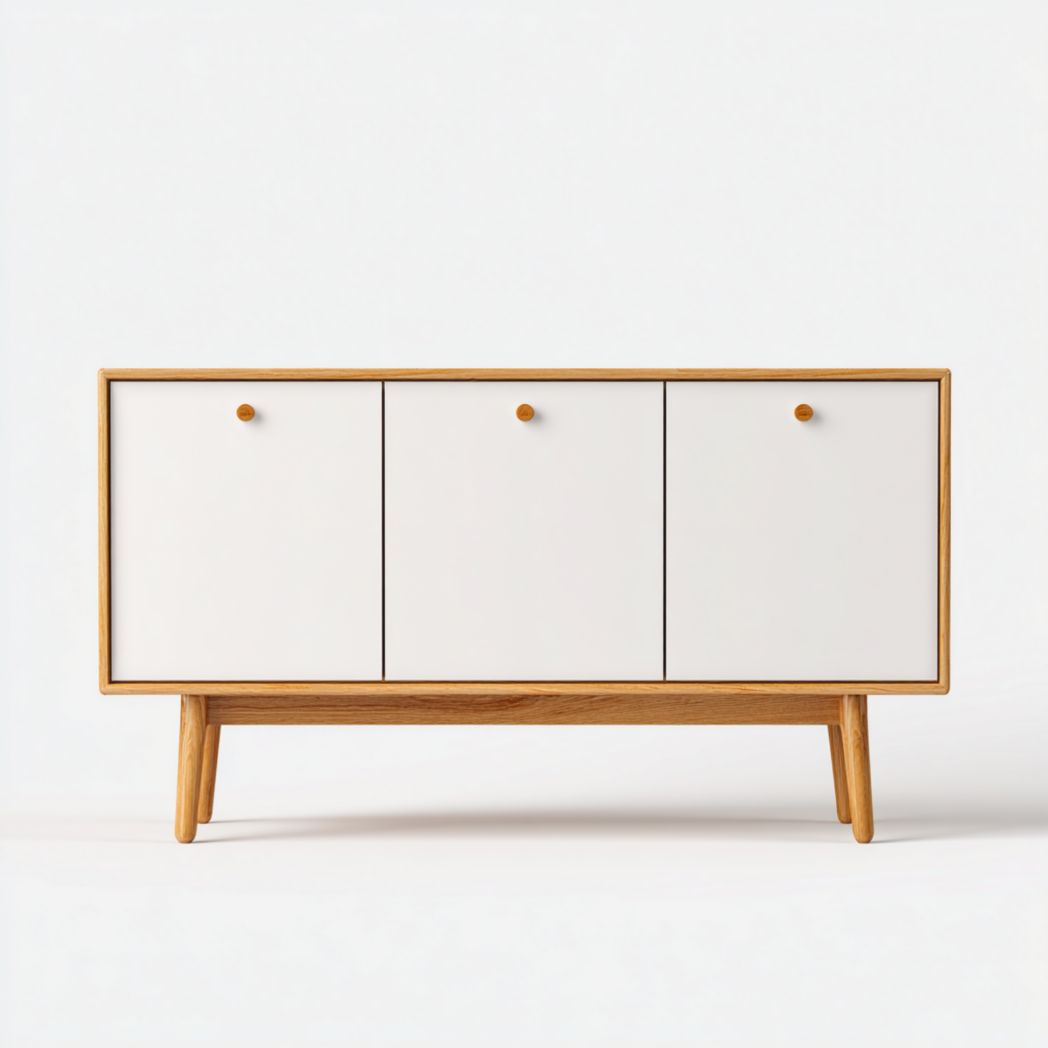 Komoda z 3 drzwiami, białe fronty i rama z drewna dębowego, okrągłe uchwyty-Sara Furniture