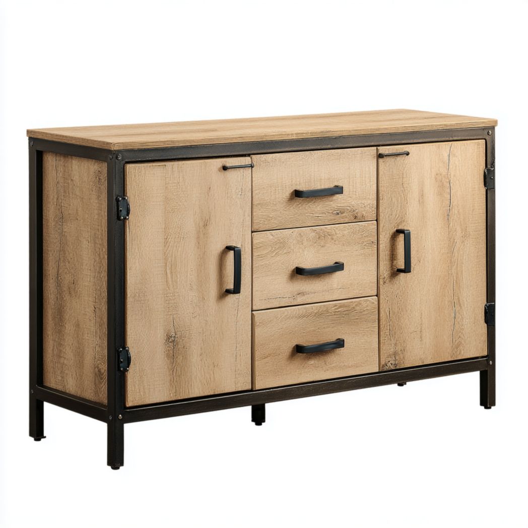 Komoda z 2 drzwiami i 3 szufladami, metalowa rama, fronty z płyty pilśniowej-Sara Furniture