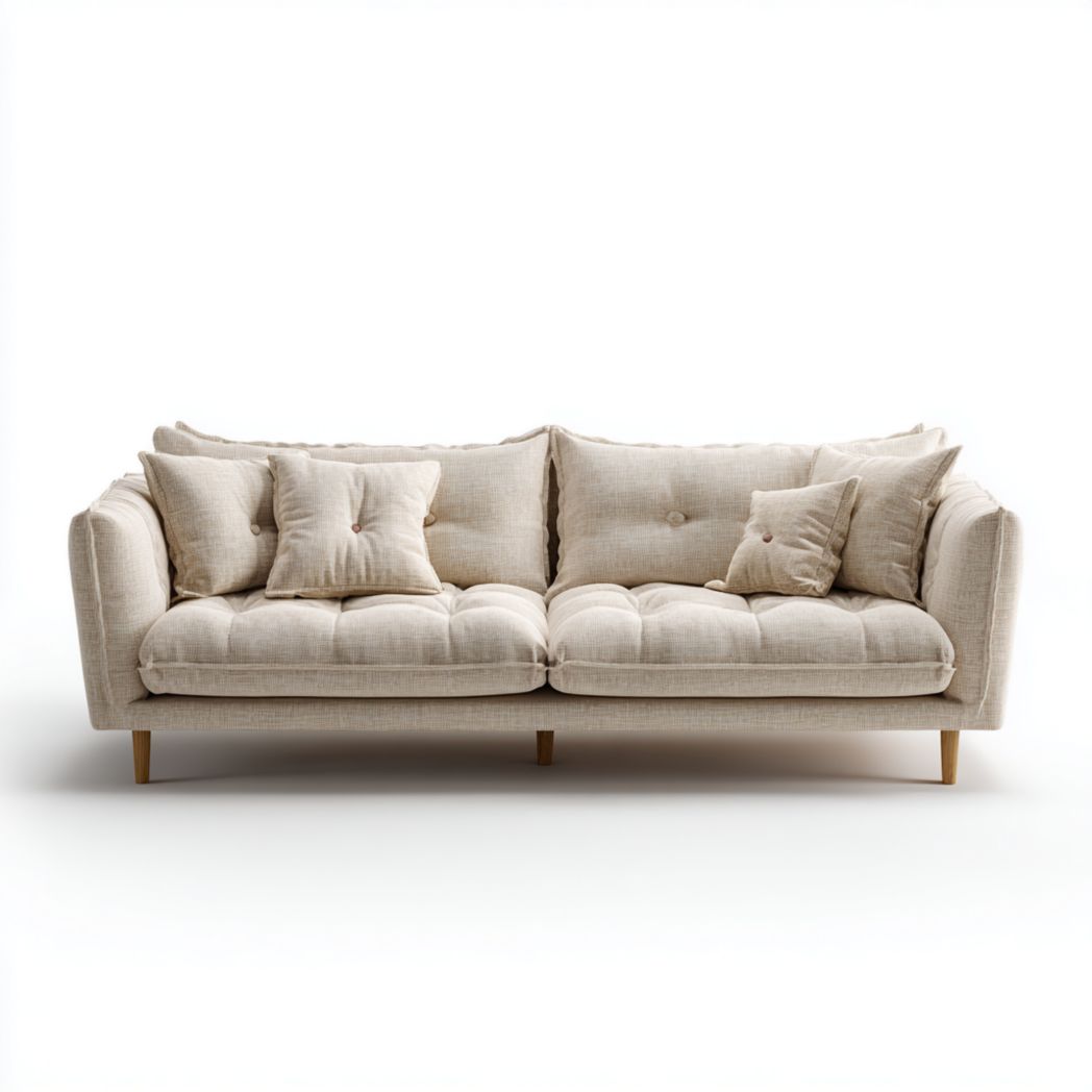 Dwuosobowa sofa tapicerowana tkaniną poliestrową w kolorze beżowym z poduszkami i drewnianymi nogami-Tampa Furniture