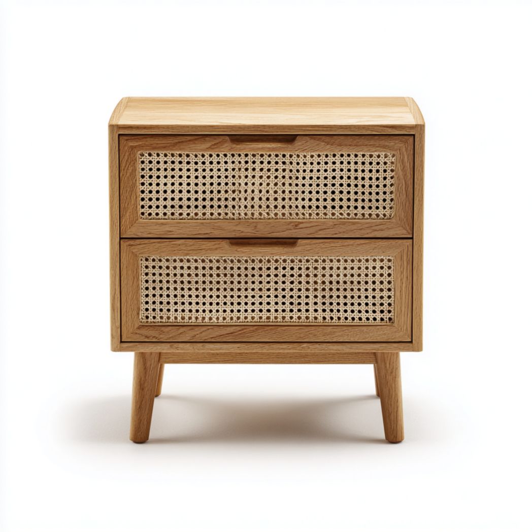 Szafka nocna z dwiema szufladami lite drewno dębowe plecionka rattanowa-Tampa Furniture