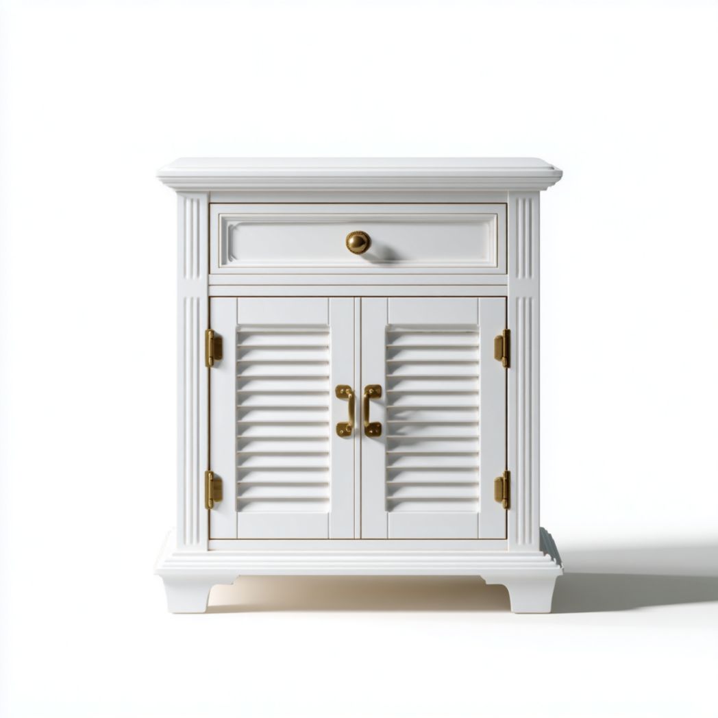 Szafka Nocna Drewniana Sosnowa z Szufladą i Drzwiczkami Żaluzjowymi Biała-Tampa Furniture