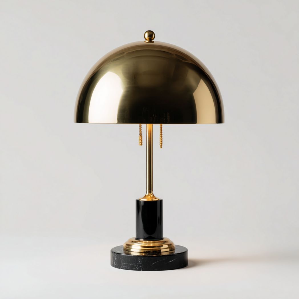 Lampa Stołowa Metalowa Mosiężna z Kopułowym Kloszem i Marmurową Podstawą-Tampa Furniture