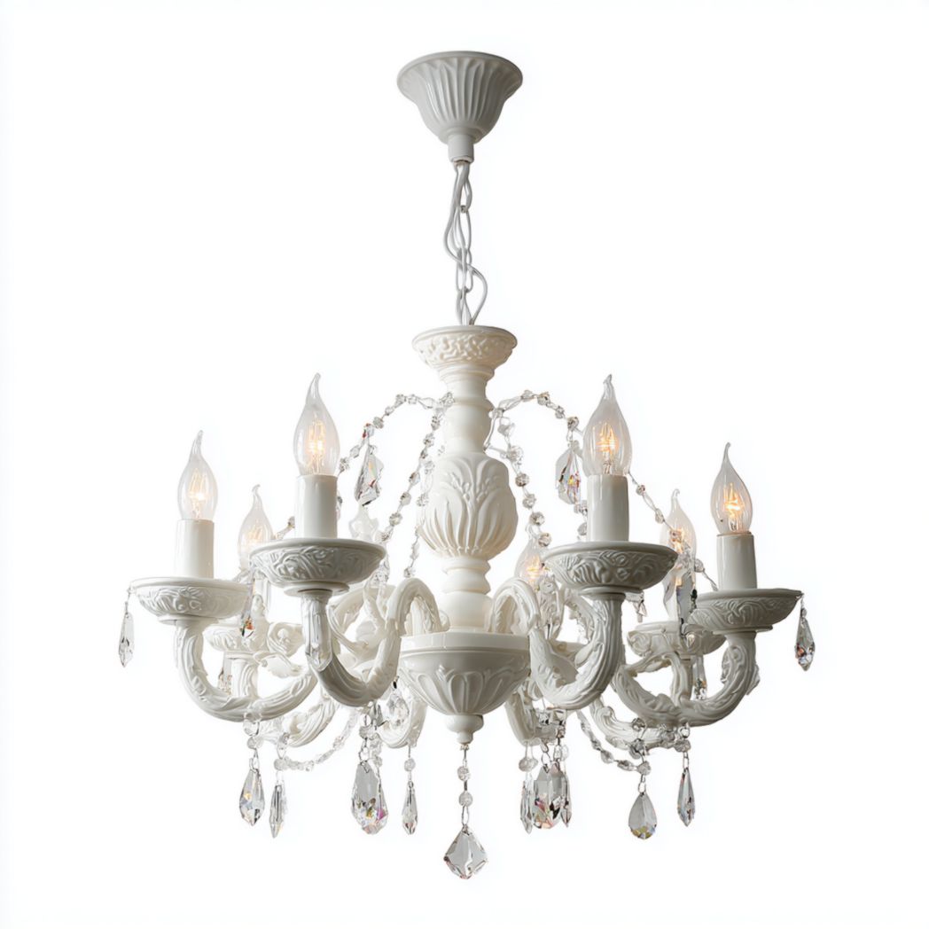Żyrandol Ceramiczny Biały z Wieloma Ramionami i Kryształowymi Detalami-Tampa Furniture