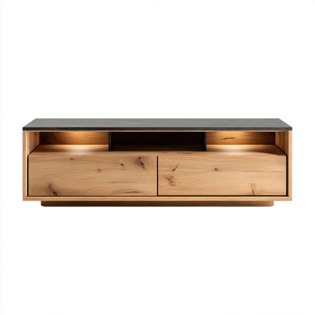 Stolik kawowy z szufladami i półką, blat z kamienia i korpus z drewna dębowego-Tampa Furniture